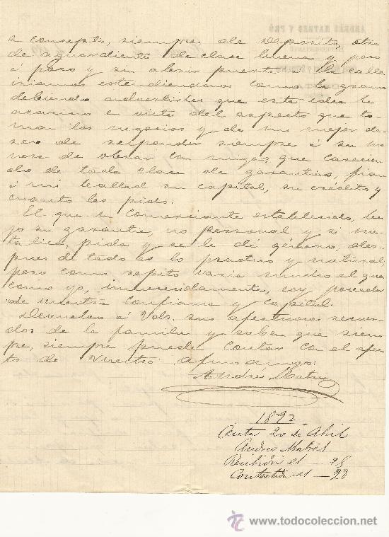 Commercial Letters: CEUTA 20 DE ABRIL DE 1892 CARTA COMERCIAL ANDR&Eacute;S MATRES Y PR&Oacute;
