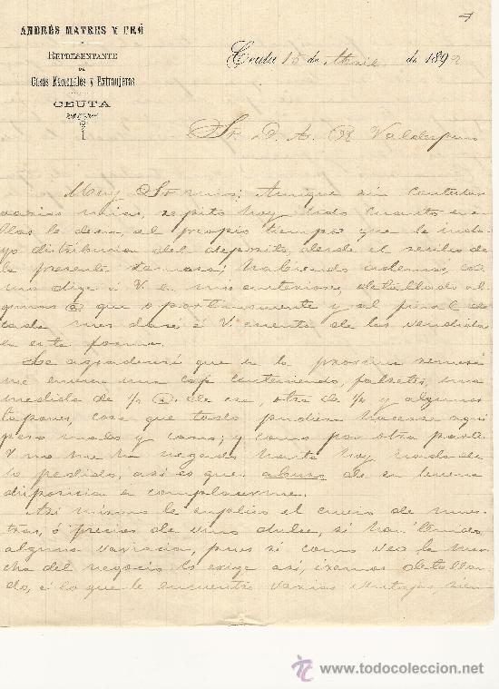 Commercial Letters: CEUTA 15 DE ABRIL DE 1892 CARTA COMERCIAL ANDR&Eacute;S MATRES Y PR&Oacute;