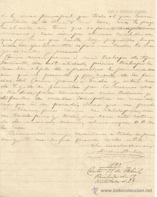 Commercial Letters: CEUTA 15 DE ABRIL DE 1892 CARTA COMERCIAL ANDR&Eacute;S MATRES Y PR&Oacute;