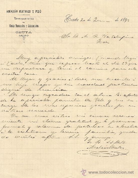 Commercial Letters: CEUTA 20 DE JUNIO DE 1892 CARTA COMERCIAL ANDR&Eacute;S MATRES Y PR&Oacute;