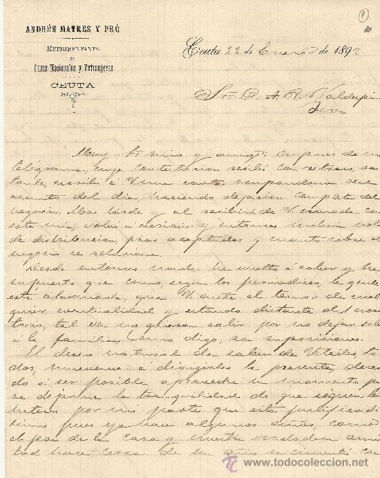 Commercial Letters: CEUTA 22 DE ENERO DE 1892 CARTA COMERCIAL ANDR&Eacute;S MATRES Y PR&Oacute;