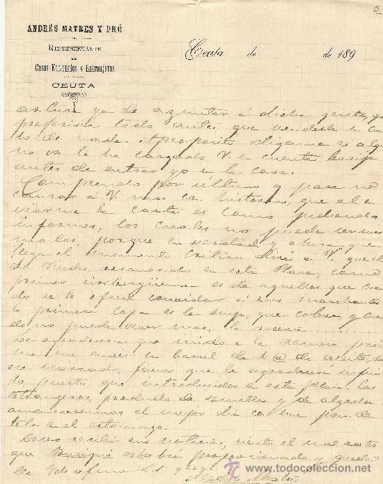 Commercial Letters: CEUTA 22 DE ENERO DE 1892 CARTA COMERCIAL ANDR&Eacute;S MATRES Y PR&Oacute;