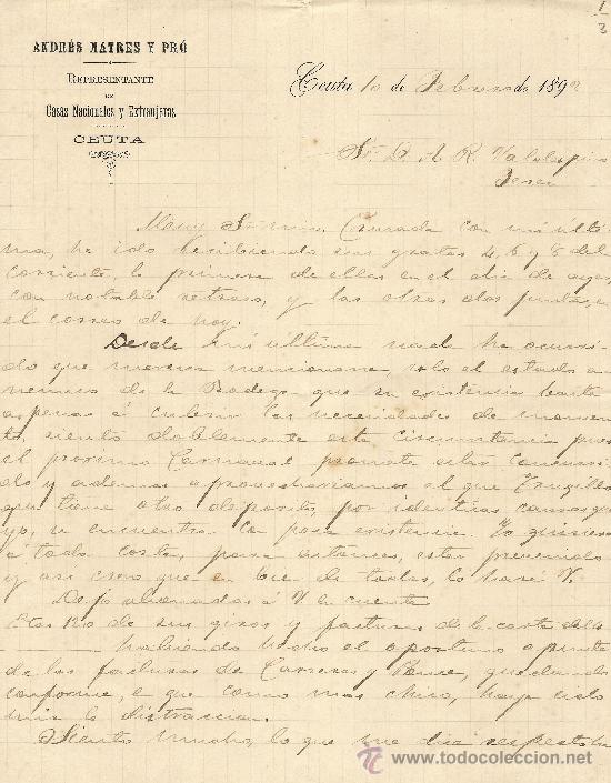 Commercial Letters: CEUTA 10 DE FEBRERO DE 1892 CARTA COMERCIAL ANDR&Eacute;S MATRES Y PR&Oacute;