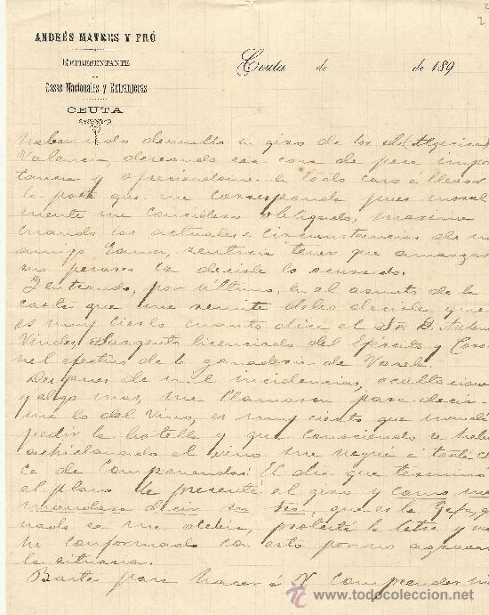 Commercial Letters: CEUTA 10 DE FEBRERO DE 1892 CARTA COMERCIAL ANDR&Eacute;S MATRES Y PR&Oacute;