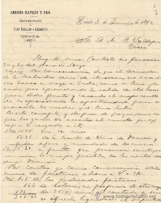 Commercial Letters: CEUTA 3 DE JUNIO DE 1892 CARTA COMERCIAL ANDR&Eacute;S MATRES Y PR&Oacute;