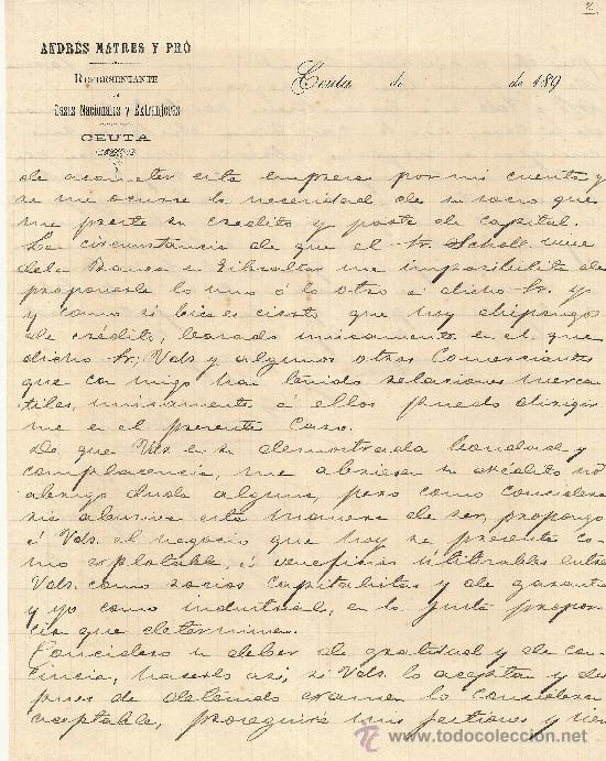 Commercial Letters: CEUTA 3 DE JUNIO DE 1892 CARTA COMERCIAL ANDR&Eacute;S MATRES Y PR&Oacute;