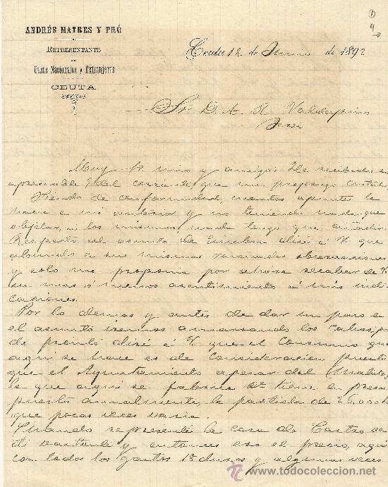 Commercial Letters: CEUTA 12 DE JUNIO DE 1892 CARTA COMERCIAL ANDR&Eacute;S MATRES Y PR&Oacute;