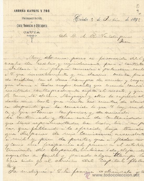 Commercial Letters: CEUTA 8 DE JULIO DE 1892 CARTA COMERCIAL ANDR&Eacute;S MATRES Y PR&Oacute;