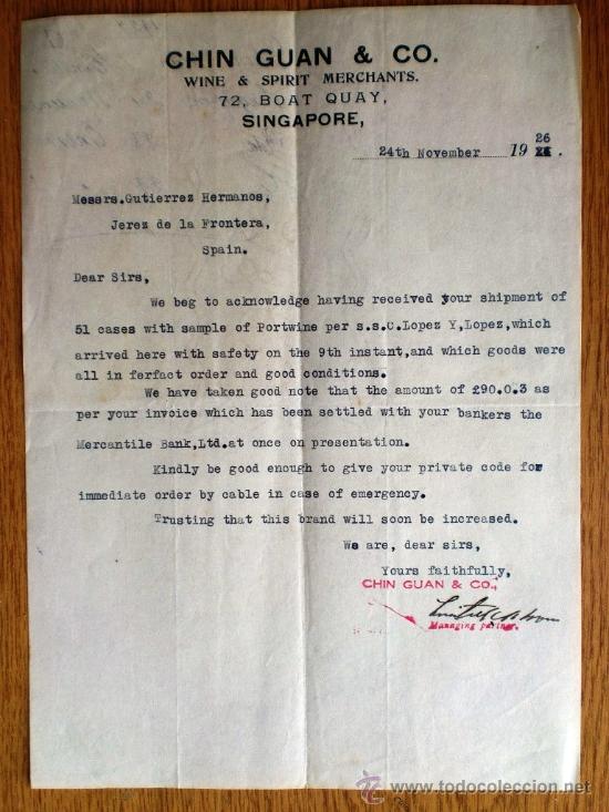 Commercial Letters: CARTA COMERCIAL. SINGAPORE. SINGAPUR. NOVIEMBRE 1926. CHIN GUAN & CO. WINE & SPIRIT MERCHANTS.