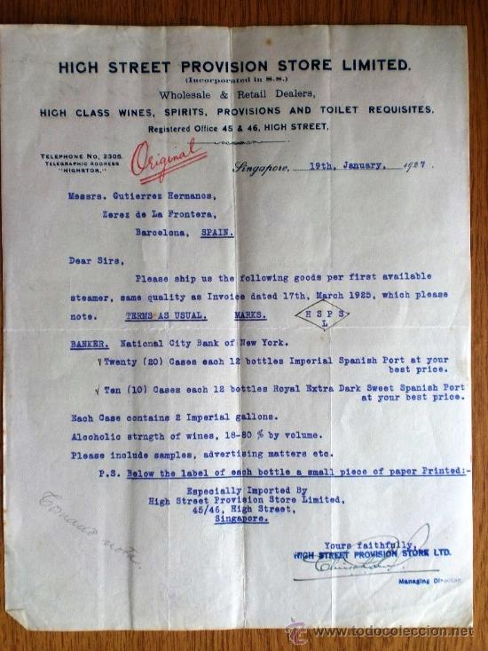 Commercial Letters: CARTA COMERCIAL. SINGAPORE. SINGAPUR. ENERO 1927. HICH STREET PROVISION STORE LIMITED.