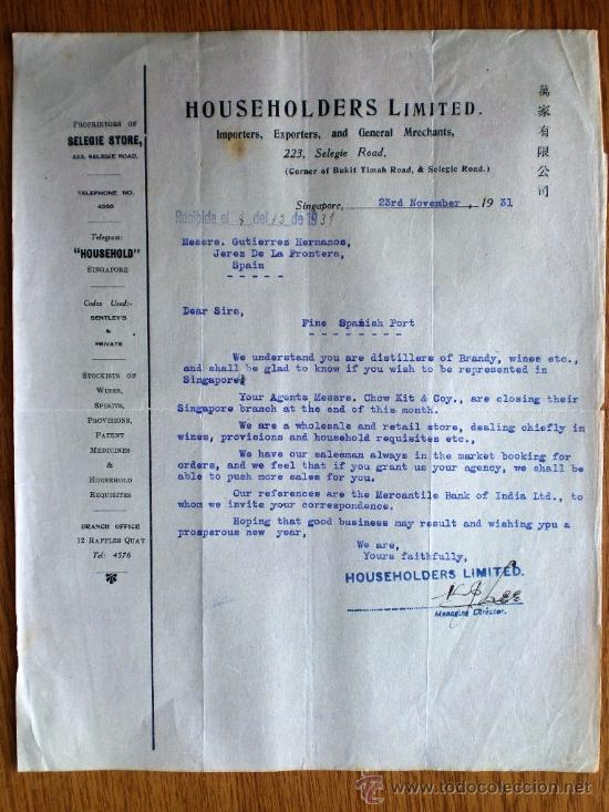 Commercial Letters: CARTA COMERCIAL. SINGAPORE. SINGAPUR. NOVIEMBRE 1931. HOUSEHOLDERS LIMITED. IMPORTERS, EXPORTERS.
