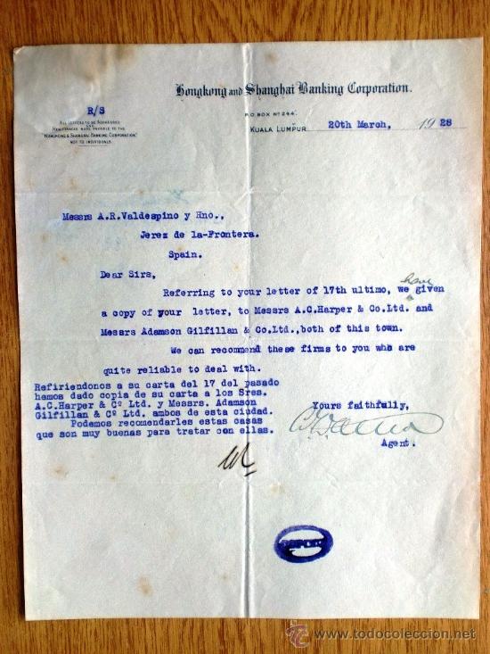 Lettere commerciali: CARTA COMERCIAL. KUALA LUMPUR. MALASIA. MARZO 1928. HONGKONG AND SHANGHAI BANKING CORPORATION.