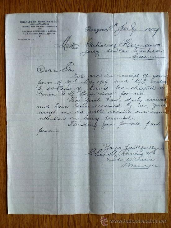 Commercial Letters: CARTA COMERCIAL. RANGOON. BIRMANIA. JULIO 1909. CHARLES ST. ROMAINE & CO. GENERAL COMMISSION AGENTS.