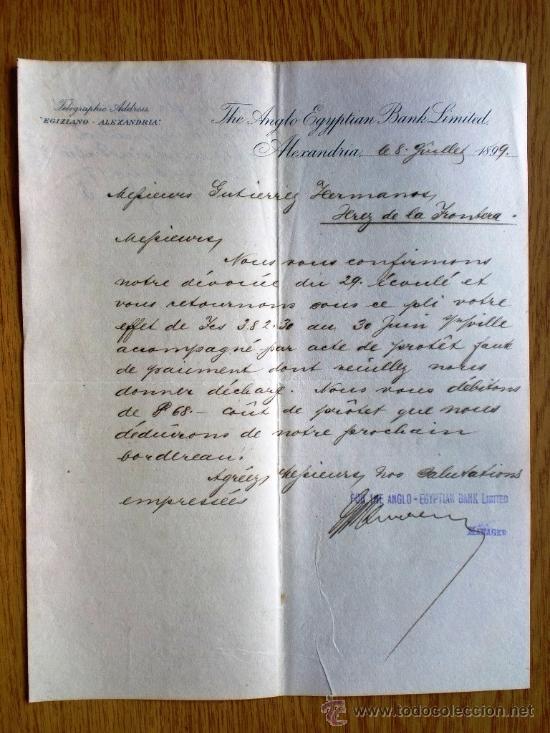 Commercial Letters: CARTA COMERCIAL. ALEXANDRIA. EGIPTO. JULIO 1899. THE ANGLO EGYPTIAN BANK LIMITED.