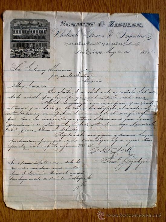Commercial Letters: CARTA COMERCIAL. NEW ORLEANS. U. S.A. MAYO 1884. FRANCISCO LAZURTAGUI. SCHMIDT & ZIEGLER.