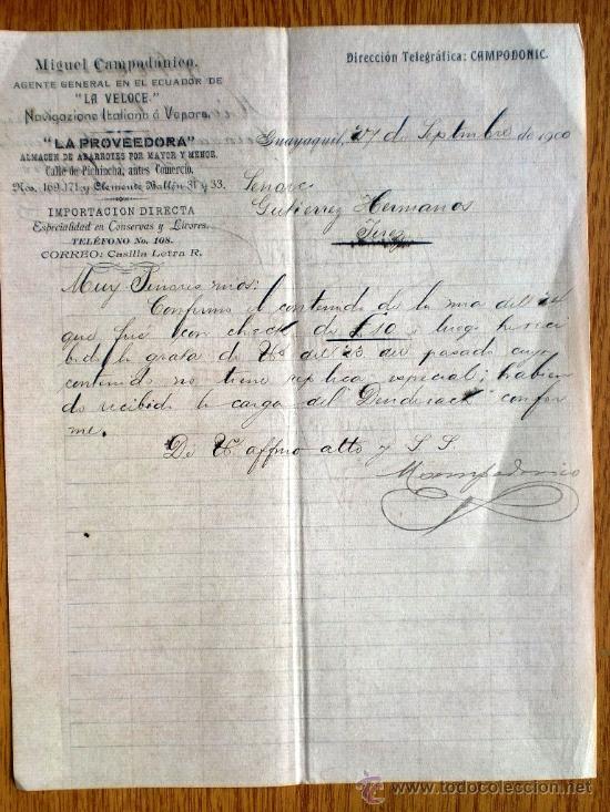 Commercial Letters: CARTA COMERCIAL. GUAYAQUIL. ECUADOR. SEPBRE 1900. MIGUEL CAMPODONICO. AGENTE GENERAL DE LA VELOCE.
