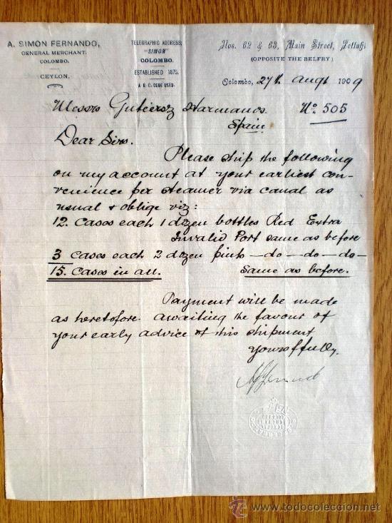 Commercial Letters: CARTA COMERCIAL. COLOMBO. SRI LANKA. AGOSTO 1909. A. SIMON FERNANDO. GENERAL MERCHANT.
