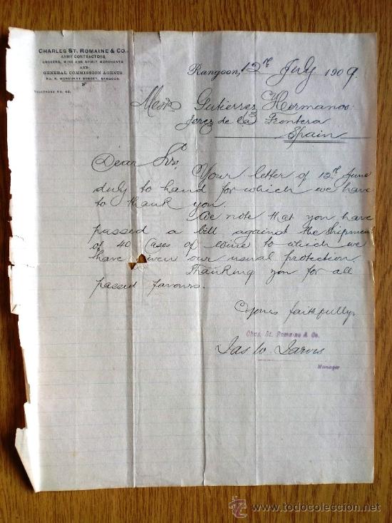 Commercial Letters: CARTA COMERCIAL. RANGOON. BIRMANIA. JULIO 1909. CHARLES ST. ROMAINE & CO. GENERAL COMMISSION AGENTS.