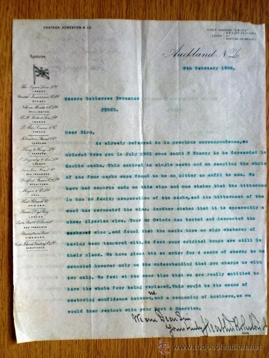 Commercial Letters: CARTA COMERCIAL. AUCKLAND. NUEVA ZELANDA. FEBRERO 1906. HEATHER, ROBERTON & CO. AGENCIES.