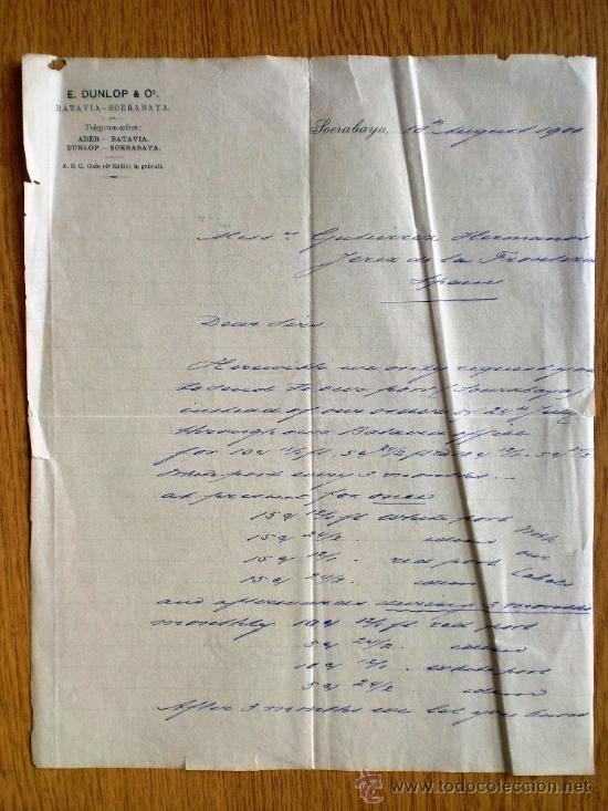 Commercial Letters: CARTA COMERCIAL. SOERABAYA. INDONESIA. AGOSTO 1900. E. DUNLOP & CO.