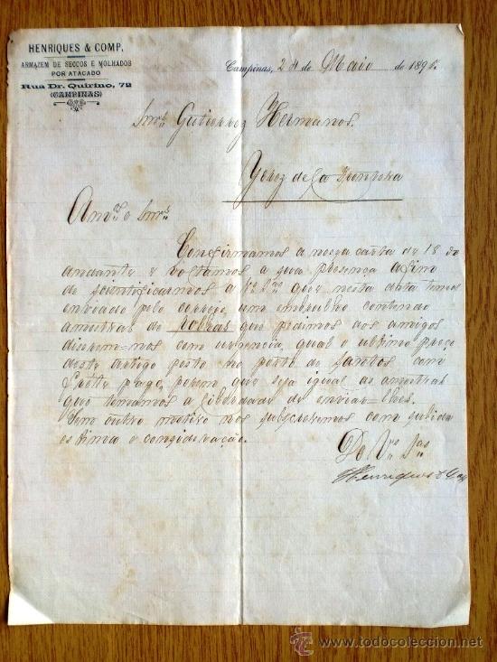 Commercial Letters: CARTA COMERCIAL. CAMPINAS. BRASIL. NOVIEMBRE 1890. HENRIQUES & COMP. ALMACEN DE SECOS Y MOJADOS.