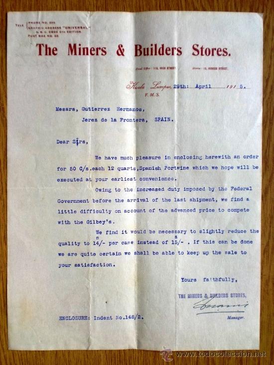 Commercial Letters: CARTA COMERCIAL. KUALA LUMPUR. MALASIA. ABRIL 1915. THE MINERS & BUILDERS STORES.