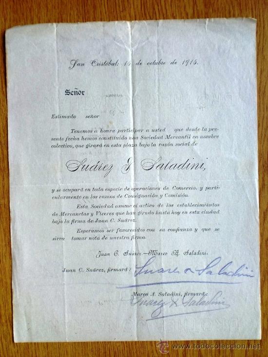 Commercial Letters: CIRCULAR. SAN CRISTOBAL. SUAREZ & SALADINI.