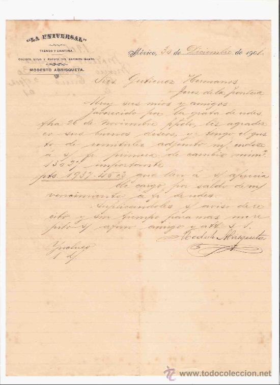 Gesch&auml;ftsbriefe: MEXICO. CARTA. LA UNIVERSAL. TIENDA Y CANTINA. COLISEO VIEJO Y PUENTE DEL ESPIRITU SANTO.  1901.
