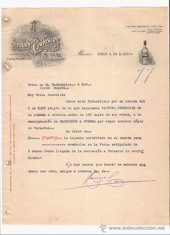 Gesch&auml;ftsbriefe: MEXICO. CARTA. LLANO Y COMPANIA. S. EN C. VINOS. 1921.