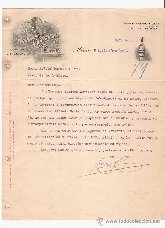 Gesch&auml;ftsbriefe: MEXICO. CARTA. LLANO Y COMPANIA. S. EN C. VINOS. 1921.