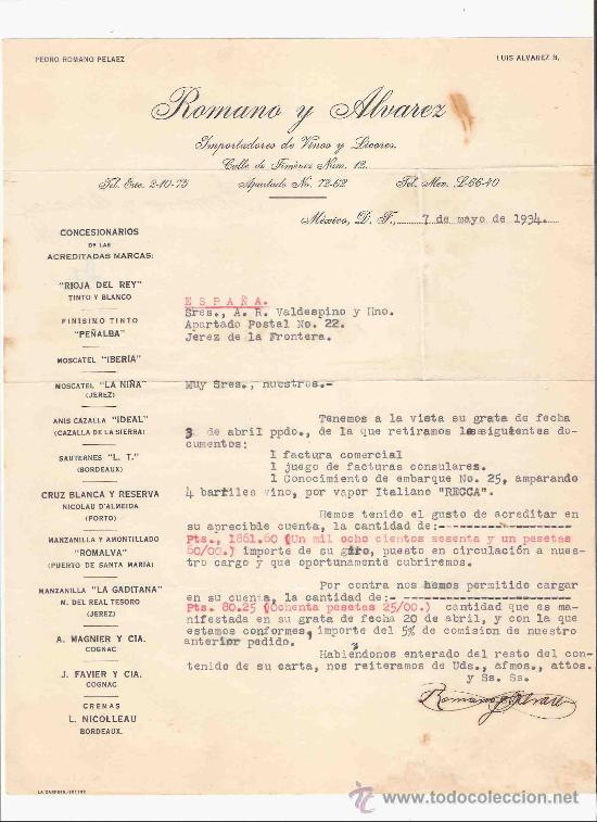 Gesch&auml;ftsbriefe: MEXICO. CARTA. ROMANO Y ALVAREZ. IMPORTADORES DE VINOS Y LICORES. 1934.