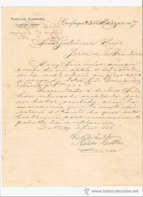 Gesch&auml;ftsbriefe: CUBA. CIENFUEGOS. CARTA. NICOLAS CASTA&Ntilde;O. 1907.