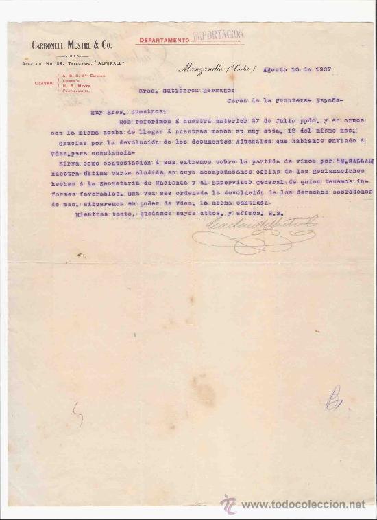 Gesch&auml;ftsbriefe: CUBA. MANZANILLO. CARBONELL, MESTRE & CO. DEPARTAMENTO IMPORTACION. 1907.