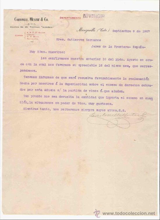 Gesch&auml;ftsbriefe: CUBA. MANZANILLO. CARBONELL, MESTRE & CO. DEPARTAMENTO IMPORTACION. 1907.