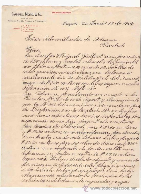 Gesch&auml;ftsbriefe: CUBA. MANZANILLO. CARBONELL, MESTRE & CO. DEPARTAMENTO. 1907.