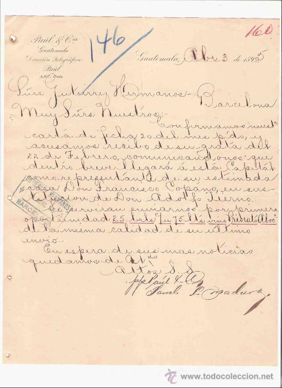 Gesch&auml;ftsbriefe: GUATEMALA. CARTA. PAUL & CIA. 1895.