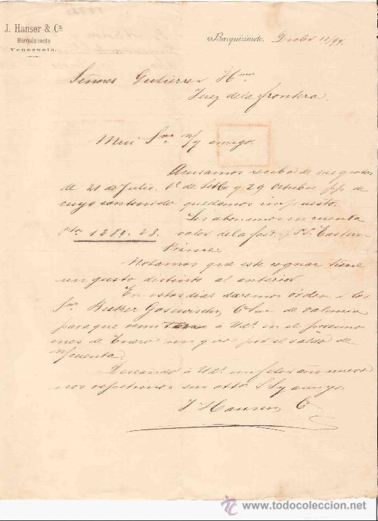 Gesch&auml;ftsbriefe: VENEZUELA. BARQUISIMETO. CARTA. J. HANSER & CA. 1894.