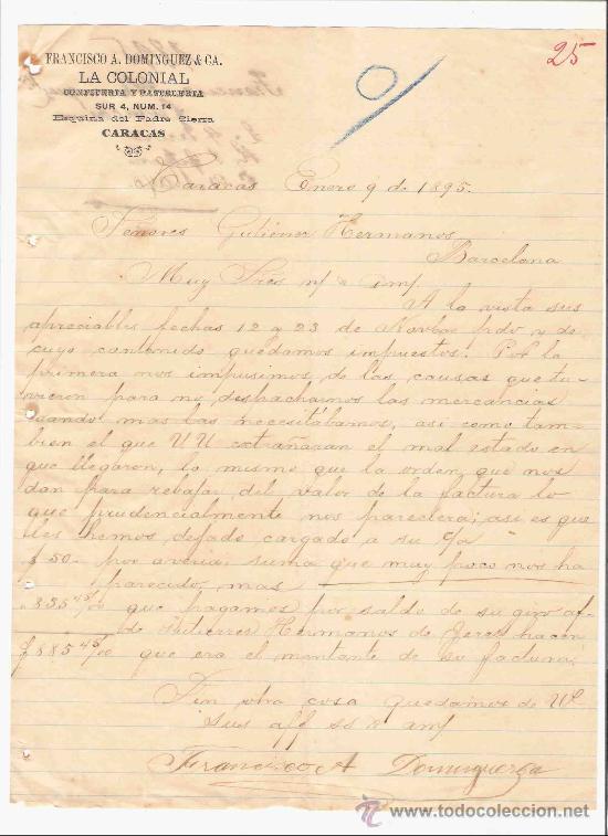 Gesch&auml;ftsbriefe: VENEZUELA. CARACAS. CARTA. FRANCISCO A. DOMINGUEZ & CA. LA COLONIAL. CONFITERIA. 1895.