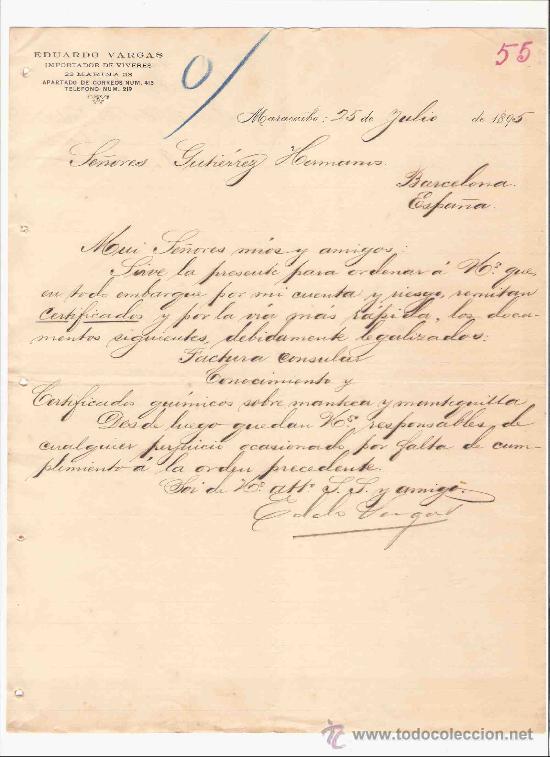 Gesch&auml;ftsbriefe: VENEZUELA. MARACAIBO. CARTA. EDUARDO VARGAS. IMPORTADOR DE VIVERES. 1895.