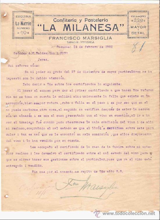 Gesch&auml;ftsbriefe: VENEZUELA. CARACAS. CARTA. FRANCISCO MARSIGLIA. CONFITERIA LA MILANESA. 1921.