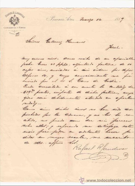 Gesch&auml;ftsbriefe: BUENOS AIRES. CARTA. RAFAEL R. LANDIVAR. CONSERVAS Y VINOS. 1889.
