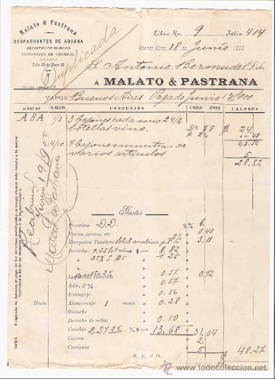 Gesch&auml;ftsbriefe: BUENOS AIRES. CARTA. MALATO & PASTRANA. DESPACHANTES DE ADUANA. COMISIONES. 1900.