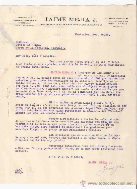 Gesch&auml;ftsbriefe: COLOMBIA. MANIZALES. JAIME MEJIA J. REPRESENTANTE DE IMPORTANTES CASAS EXTRANJERAS. 1926.