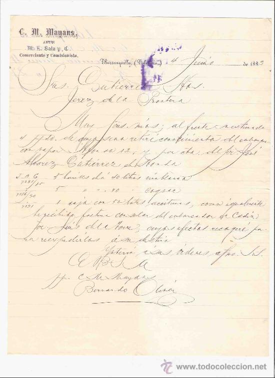 Gesch&auml;ftsbriefe: COLOMBIA. BARRANQUILLA. CARTA. C. M. MAYANS. COMERCIANTE Y COMISIONISTA. 1885.
