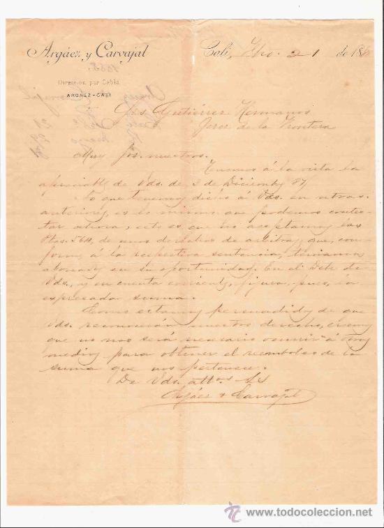 Gesch&auml;ftsbriefe: COLOMBIA. CALI. CARTA. ARGAEZ Y CARVAJAL. 1888.