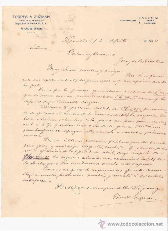 Gesch&auml;ftsbriefe: COLOMBIA. HONDA. CARTA. TORRES & GUZMAN. 1915.