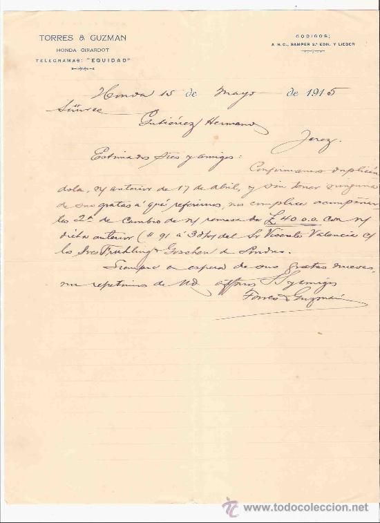 Gesch&auml;ftsbriefe: COLOMBIA. HONDA. CARTA. TORRES & GUZMAN. 1915.