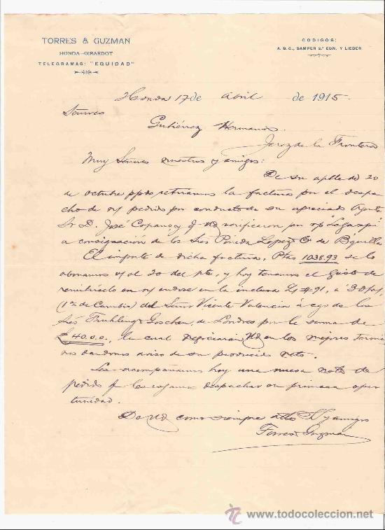 Gesch&auml;ftsbriefe: COLOMBIA. HONDA. CARTA. TORRES & GUZMAN. 1915.