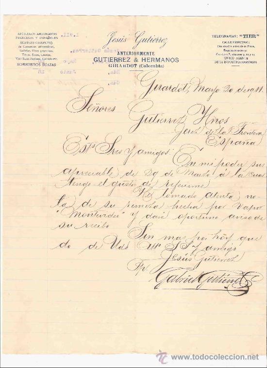 Gesch&auml;ftsbriefe: COLOMBIA. GIRARDOT. CARTA. JESUS GUTIERREZ. ARTICULOS AMERICANOS. VINOS, TINTOS. 1911.
