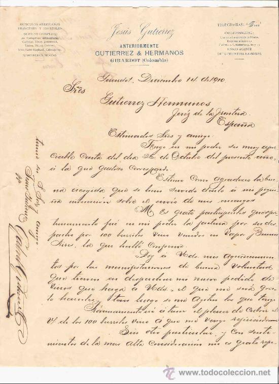 Gesch&auml;ftsbriefe: COLOMBIA. GIRARDOT. CARTA. JESUS GUTIERREZ. ARTICULOS AMERICANOS. VINOS, TINTOS. 1910.
